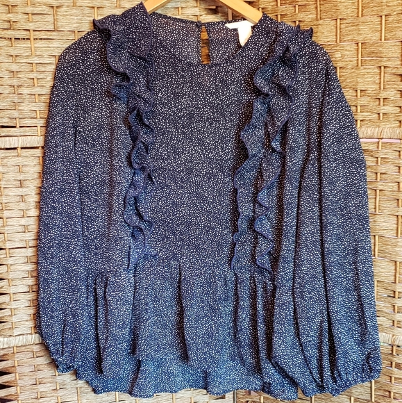 SOLD - H&M Mini Polka Dot Ruffled Blouse Navy Blue - Picture 1 of 5